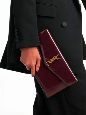 SAINT LAURENT Uptown Clutch Pouch in Patent Leather Dark Red Wine + Brand Box , size 23*16