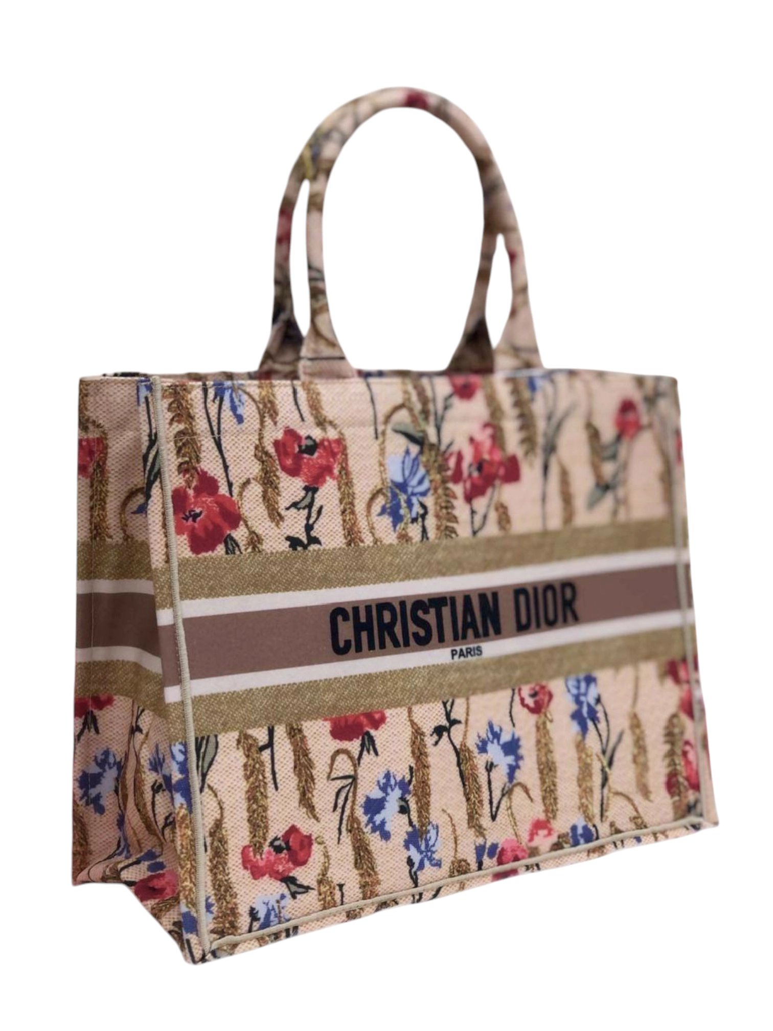 ⁦Christian Dior Canvas Embroidered Medium Hibiscus Book Tote Beige Multicolor

 , size 43x32 .. EID⁩ - الصورة ⁦7⁩