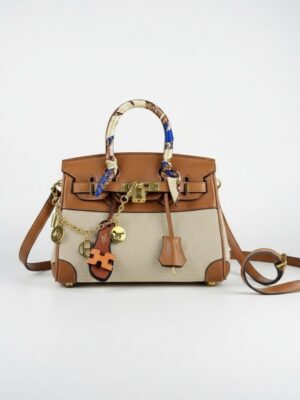 HERMES Birkin 25 Two Tone Leather vs Canvas ,  Size  24*20 .. ofr