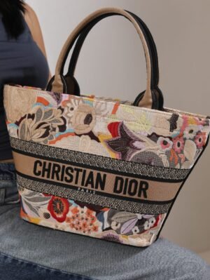 Christian Dior summer Beige Muticolor Brocart Butterfly Embroidered Canvas Basket Bag + Brand Box , size 35*23