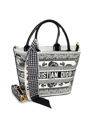 Christian Dior summer Canvas Embroidered Butterfly Bandana Print Hat Basket Bag Black White + Brand Box , size 35*23