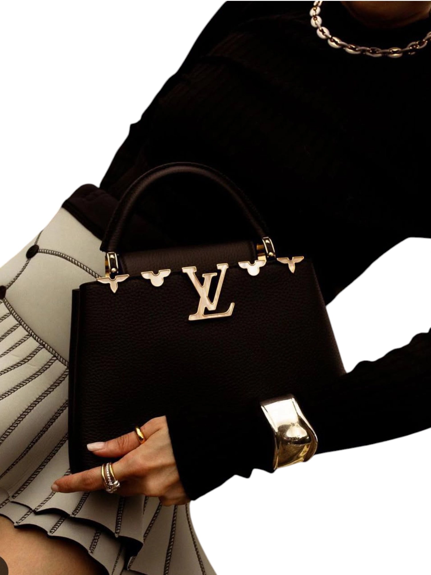 ⁦Louis Vuitton Smooth Calfskin Flowers Capucines PM Black  + Brand Box , size 27*17⁩ - الصورة ⁦9⁩