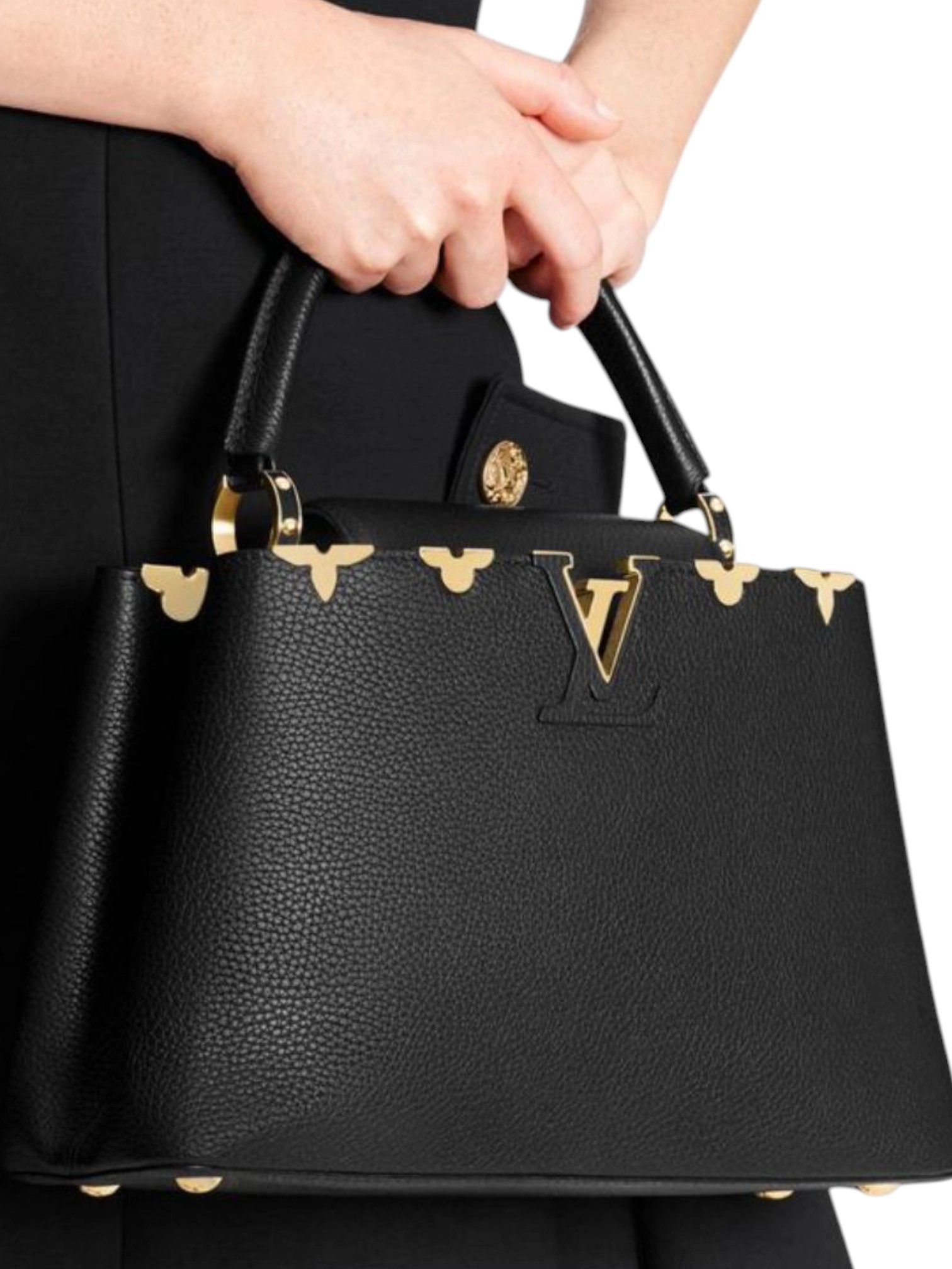 ⁦Louis Vuitton Taurillon Embellished Flower Crown Capucines PM Black + Brand Box , size 27*17⁩ - الصورة ⁦9⁩