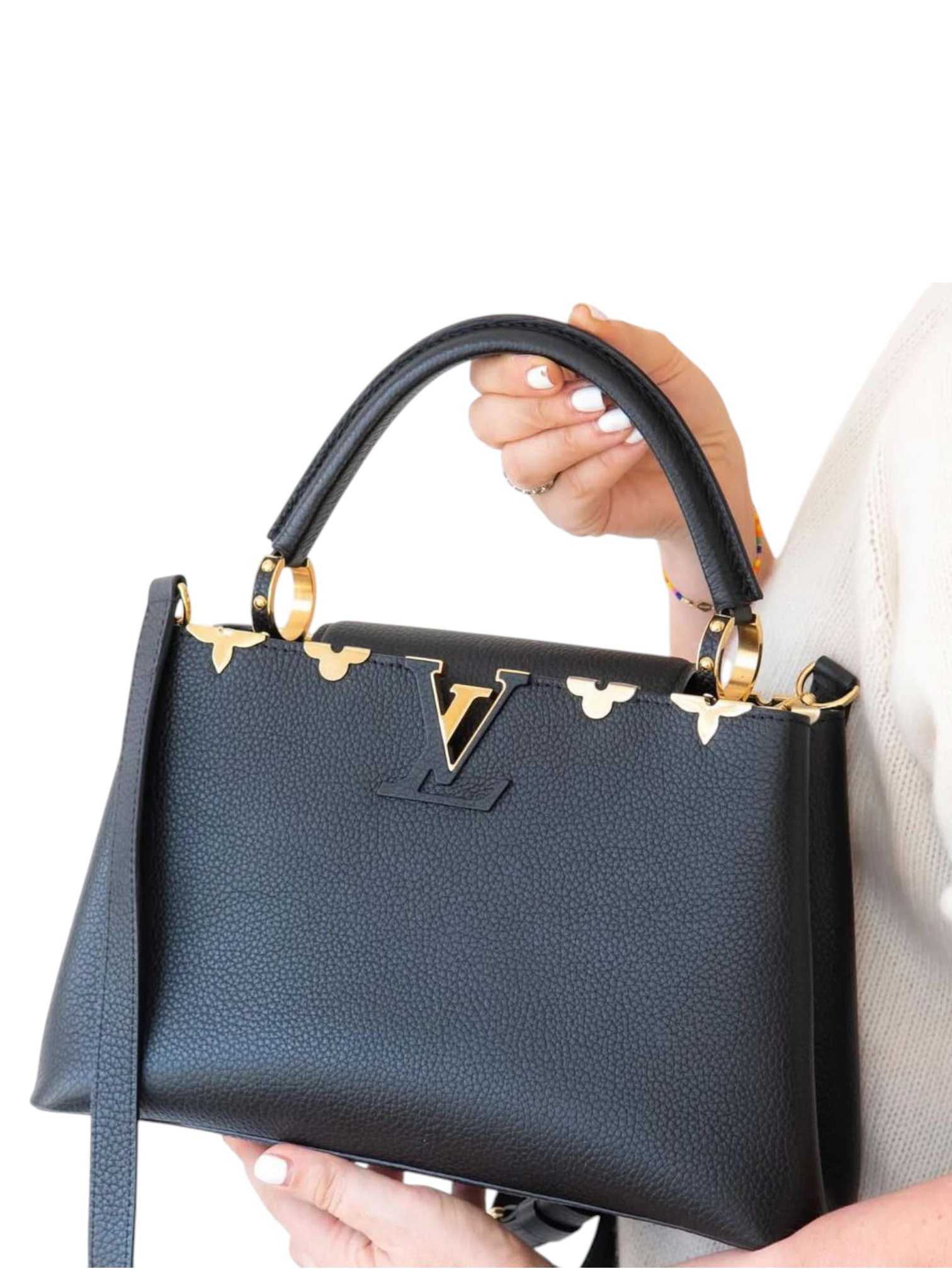 ⁦Louis Vuitton Taurillon Embellished Flower Crown Capucines PM Black + Brand Box , size 27*17⁩ - الصورة ⁦8⁩