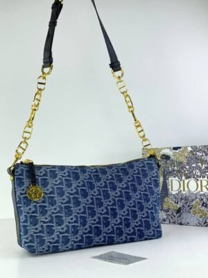 Christian Dior Diorstar Hobo Bag with Chain
Blue Denim Dior Oblique Jacquard
 + Brand Box  , size 33*17