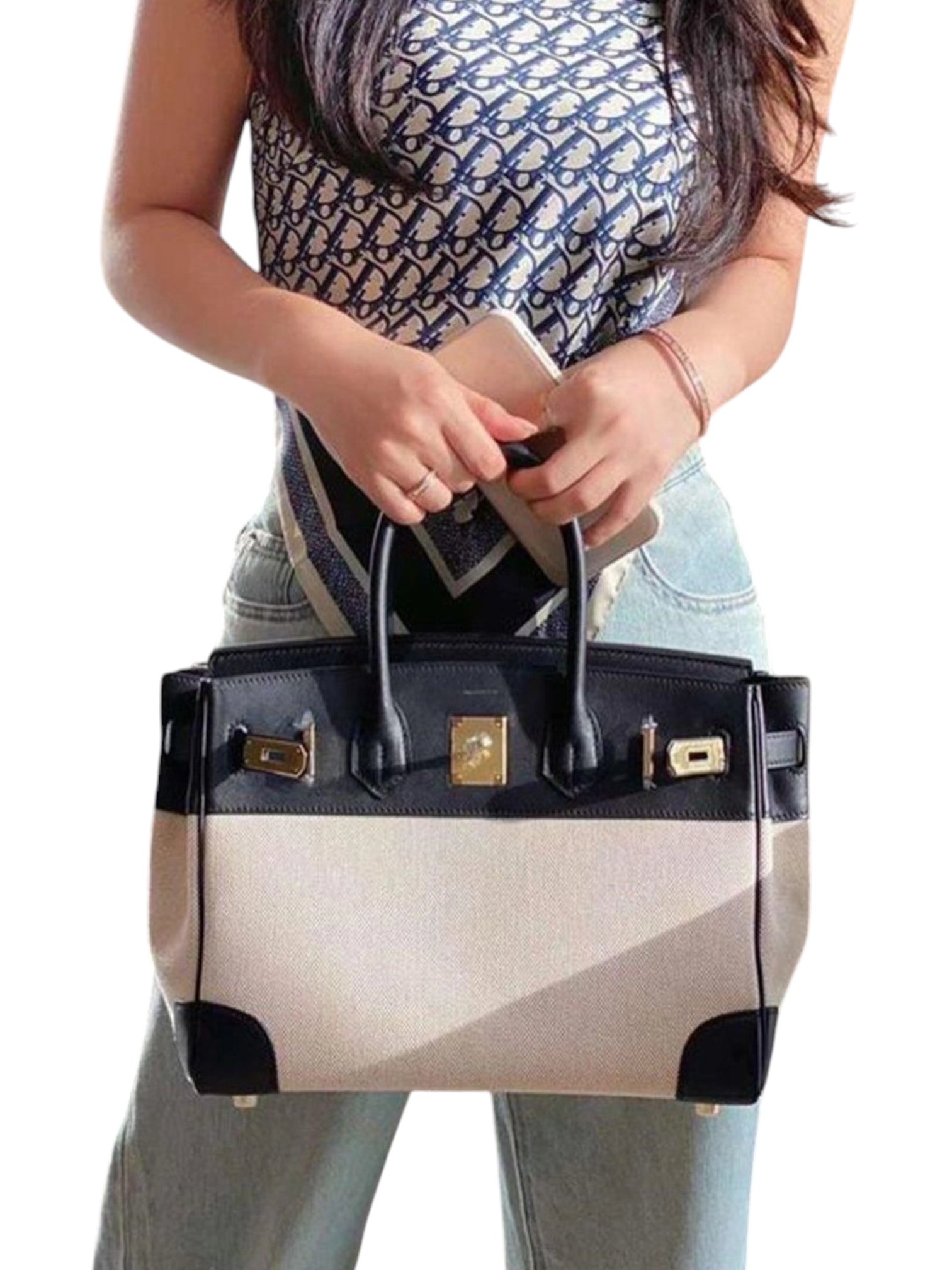 ⁦Hermes Two Tone Genuine Leather Canvas Birkin 30 , size 28x19⁩ - الصورة ⁦3⁩