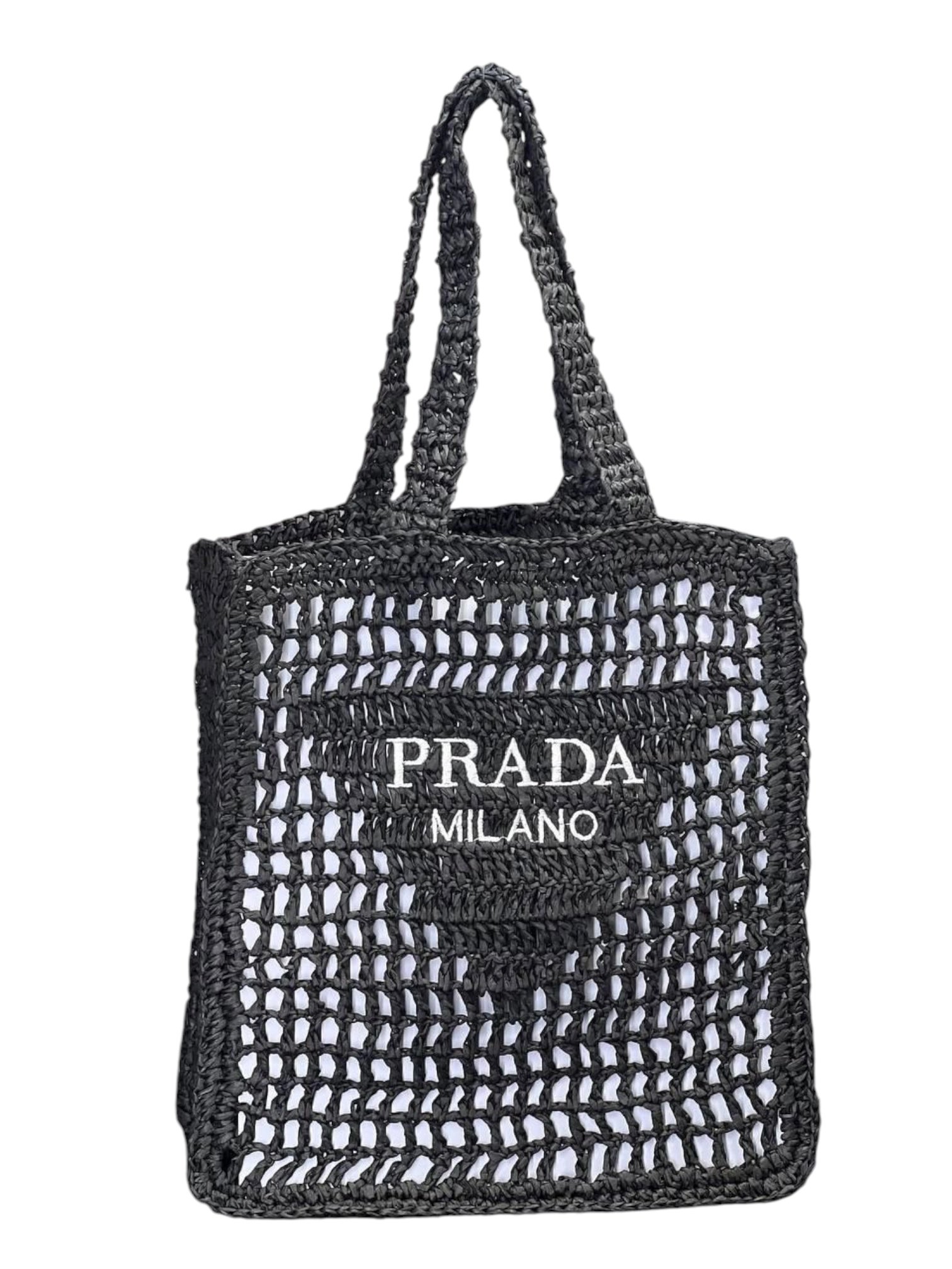 ⁦Prada 
Yarn Raffia Effect Crochet Logo Embroidered Beach Tote Bag , size 35*31⁩ - الصورة ⁦1⁩