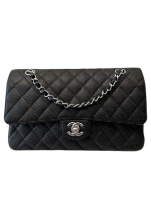 CHANEL VINTAGE CLASSIC DOUBLE FLAP BLACK CAVIAR SKIN  + Brand Box , size 28*18 - اسود-اكسسوار-فضي