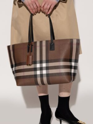 Burberry 
 Check Medium Leather Tote Dark Birch Brown , size 43*28