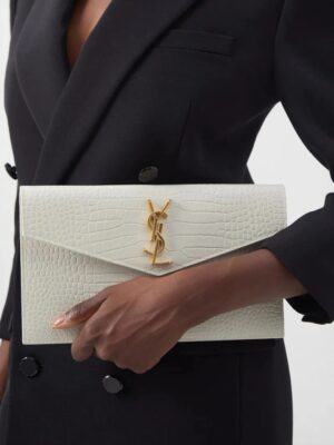 SAINT LAURENT Uptown  Croc Effect Clutch white + Brand Box , size 27*15