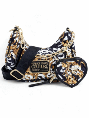 Versace Jeans Couture Shoulder Bag Quilted Nylon Black White Gold + Brand Box , size 25*15