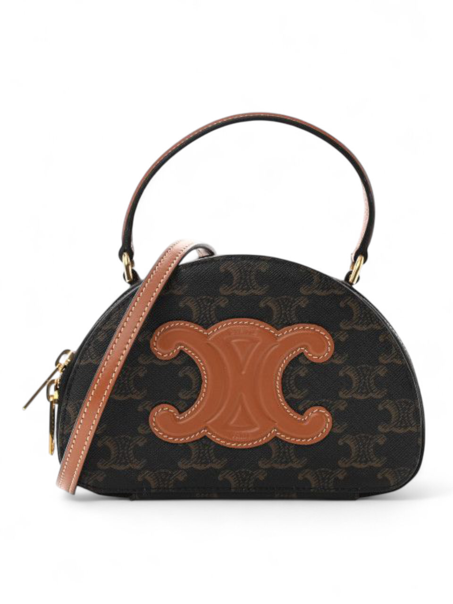 ⁦Celine 
Calfskin Triomphe Canvas Half Moon Case Tan + Brand Box , size 20*14 .. ofr⁩ - الصورة ⁦1⁩