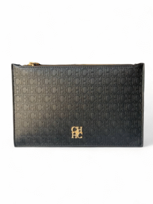 Carolina Herrera  Monogram Embossed Leather Zip  clutch Pouch  + Brand Box , size 26*20
