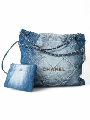 Chanel Large 22 Bag Faded Blue Denim Silver Hardware  + Brand Box , size 36*30