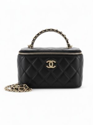 Chanel Pick Me Up Logo Handle small Vanity Case with Chain Quilted  + Brand Box , size 17*12 - أسود