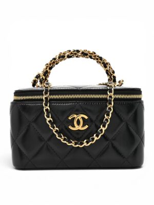 Chanel Pick Me Up Logo Handle Vanity Case with Chain Quilted  + Brand Box , size 17*12