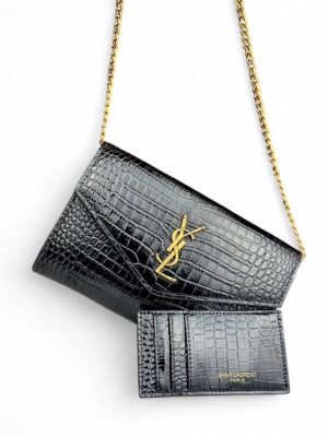 SAINT LAURENT Uptown chain wallet in shiny crocodile embossed leather + Brand Box , size 22*14