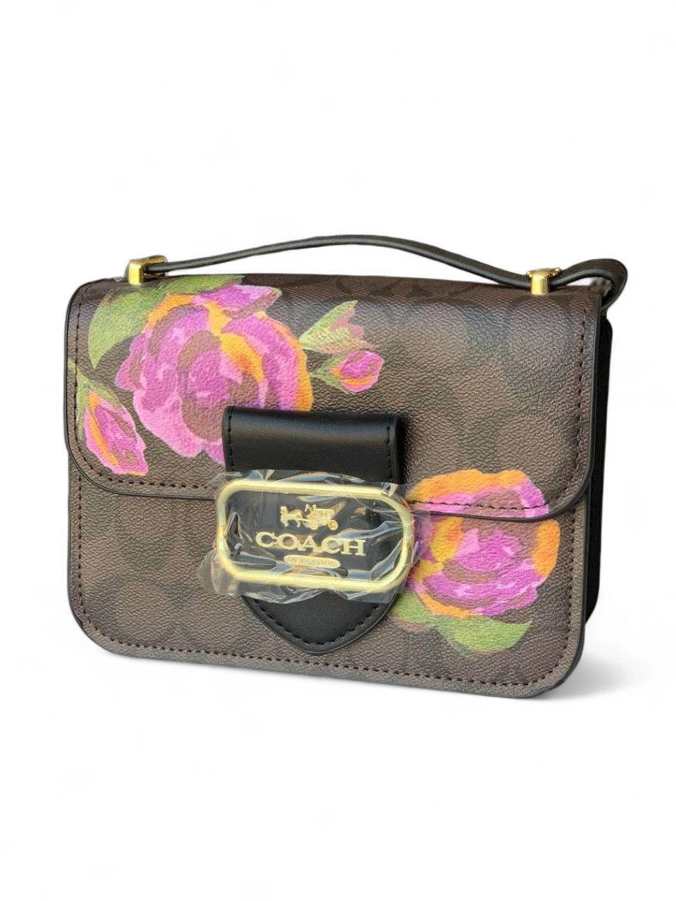 ⁦Coach Morgan Square  In Signature Canvas With Rose Print gold hardware 
 + Brand Box , size 19*14 .. ofr⁩ - الصورة ⁦1⁩