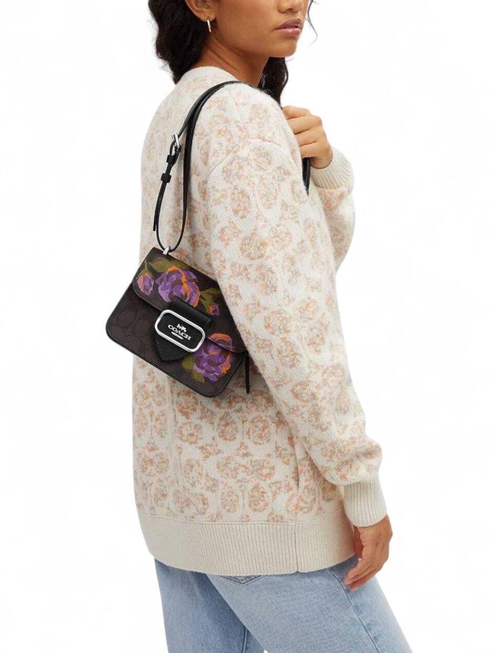 ⁦Coach Morgan Square  In Signature Canvas With Rose Print gold hardware 
 + Brand Box , size 19*14 .. ofr⁩ - الصورة ⁦4⁩