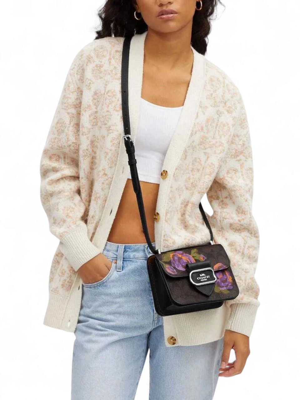 ⁦Coach Morgan Square  In Signature Canvas With Rose Print gold hardware 
 + Brand Box , size 19*14 .. ofr⁩ - الصورة ⁦5⁩