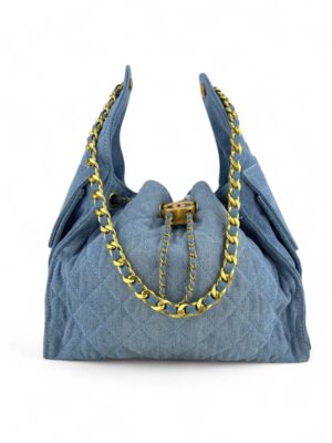 Chanel Medium Hobo Bag Light Blue Washed Denim Antique Gold Hardware , size 33*26
