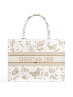 Christian Dior Book Tote Gold Tone and White Butterfly Zodiac Embroidery + Brand Box , size 35*27