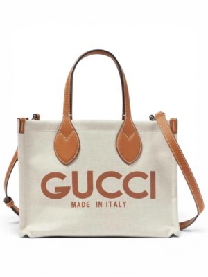 Gucci Mini logo leather trimmed canvas tote bag + Dust cover , size 26*20