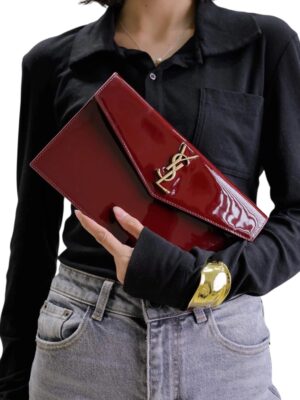 SAINT LAURENT UPTOWN CLUTCH POUCH IN PATENT LEATHER DARK RED WINE + Brand Box , size 27*16