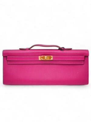 Hermes Fuchsia Pink Swift Leather Kelly Cut Pochette + Brand Box , size 31*13 .. ofr