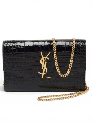 Saint Laurent Black Croc Embossed Leather Uptown Wallet on Chain + Brand Box , size 19*12