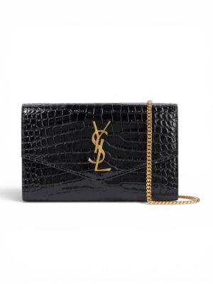 Saint Laurent Black Croc Embossed Leather Uptown Wallet on Chain + Brand Box , size 19*12