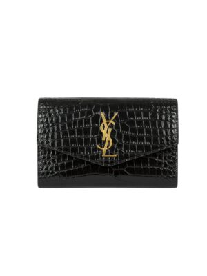 Saint Laurent Black Croc Embossed Leather Uptown Wallet on Chain + Brand Box , size 19*12