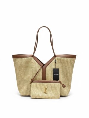Saint Laurent Raffia Tote with Leather Trim and Removable Pouch , size 45*33