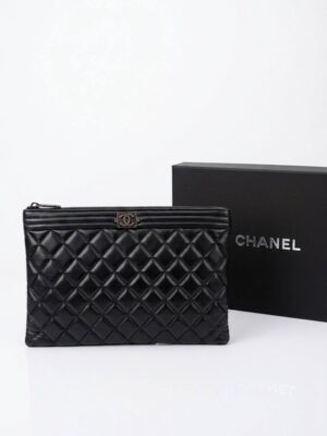 Chanel Quilted Boy Zip Pouch Black + Brand Box , size 27*20